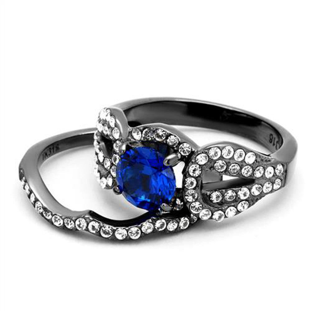 ARTK2740 Womens London Blue Synthetic Spinel Light Black Stainless Steel Wedding Ring Set